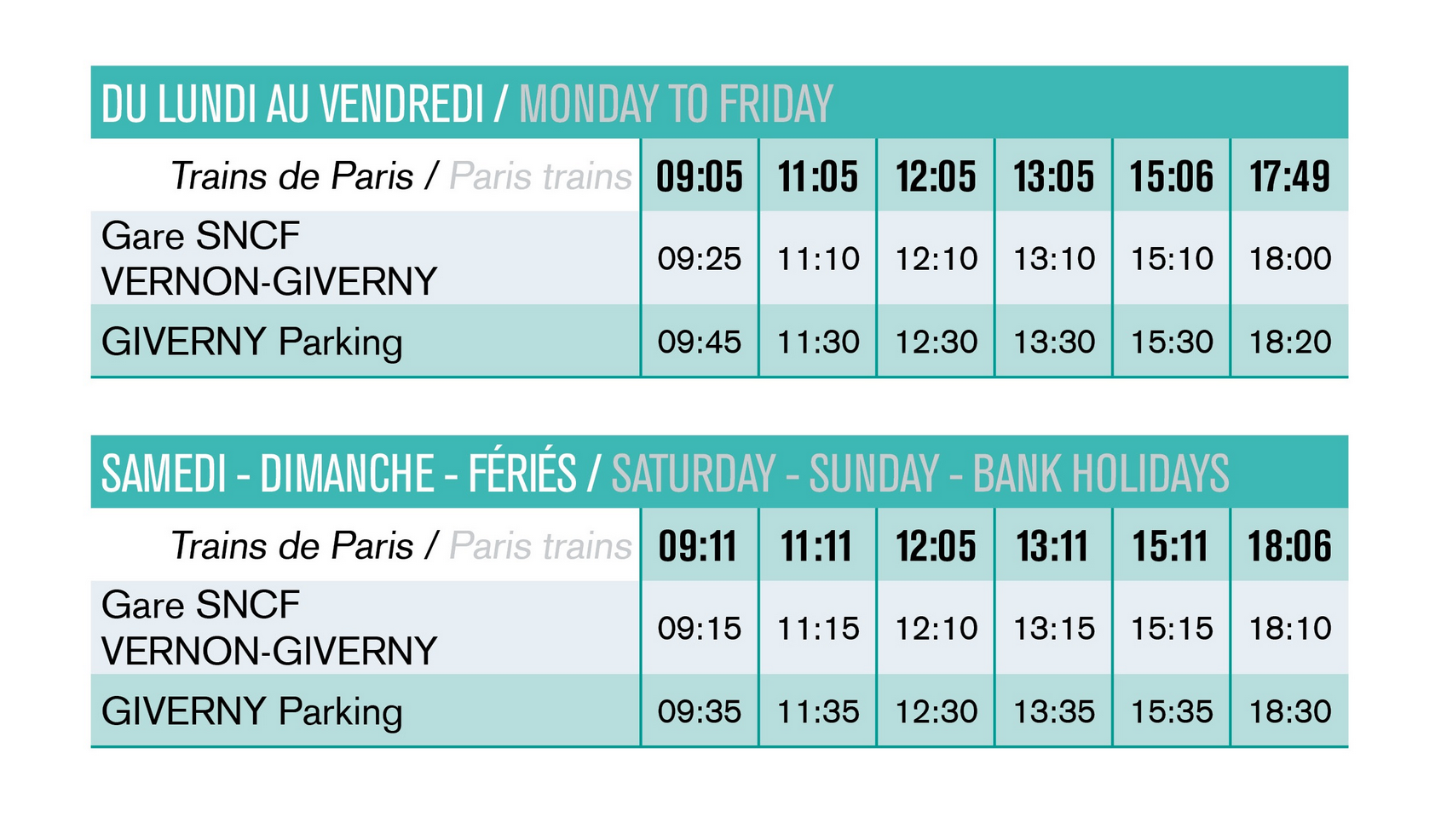 Bus Shuttle to Giverny from Vernon Giverny Train station 2022 schedule